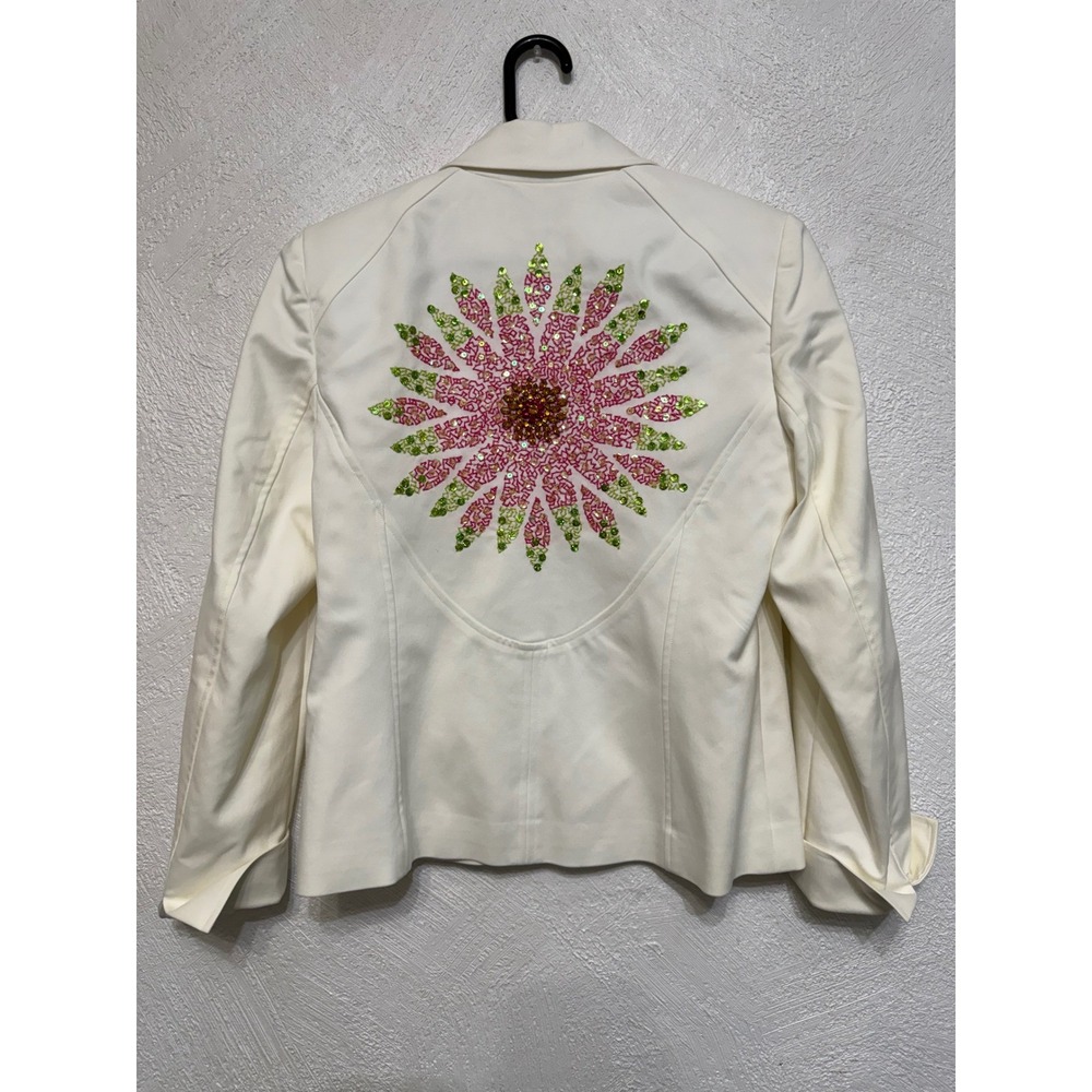 Juliana Cream Blazer Jacket Bright Floral Statement Back Bling 6 Women Zip Up